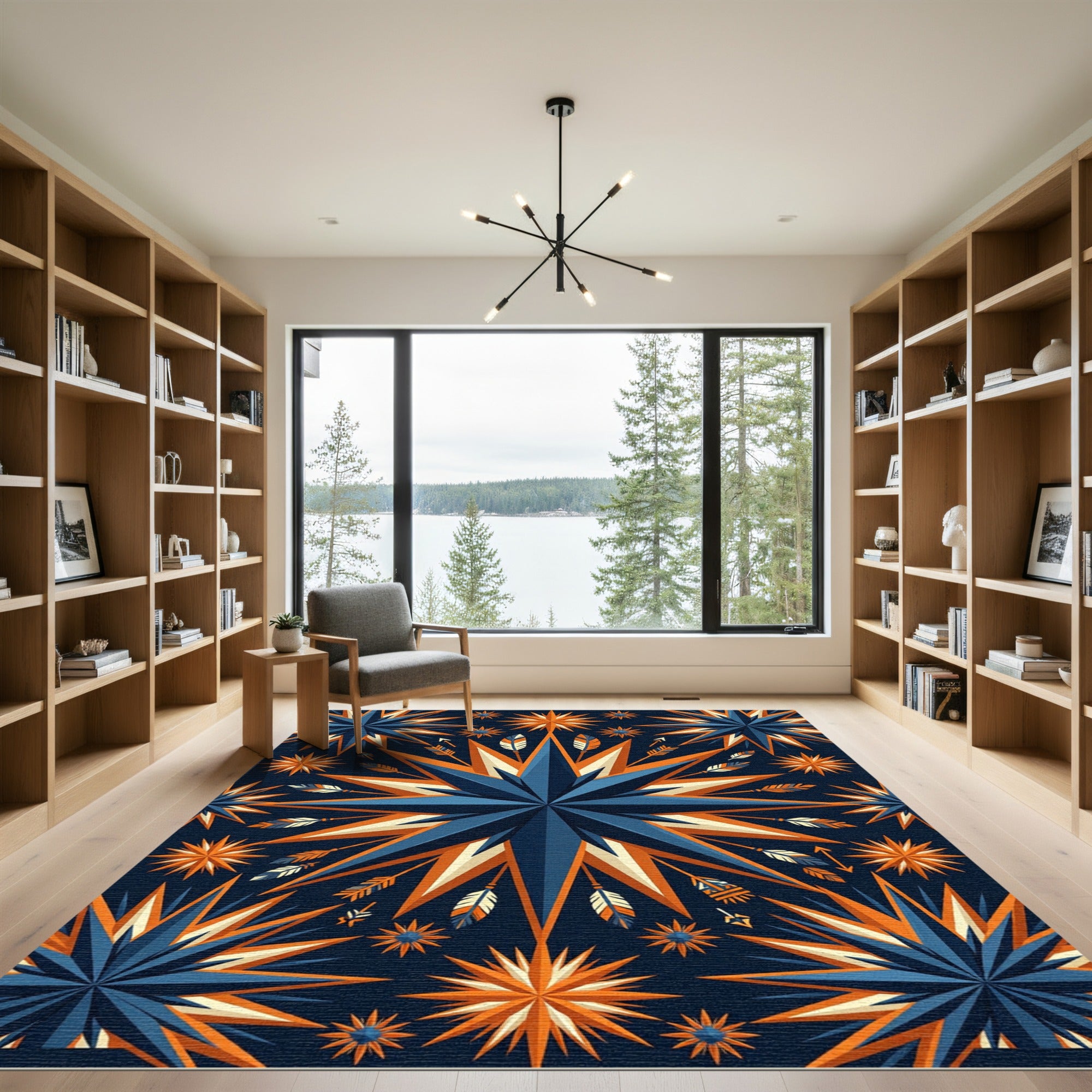 Celestial Geometric Star and Feather Cobalt Orange Accent Rug