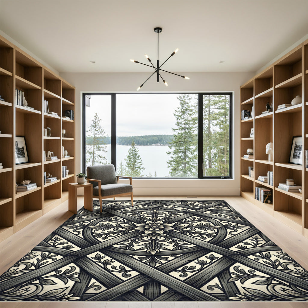 Ornate Wood Lattice Floral Medallion Rug