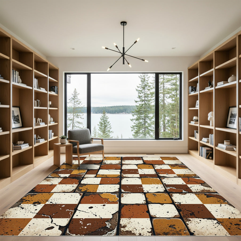 Weathered Ochre and Brown Checkered Tile Rug