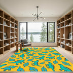 Turquoise Dinosaur Leafy Yellow Pattern Rug