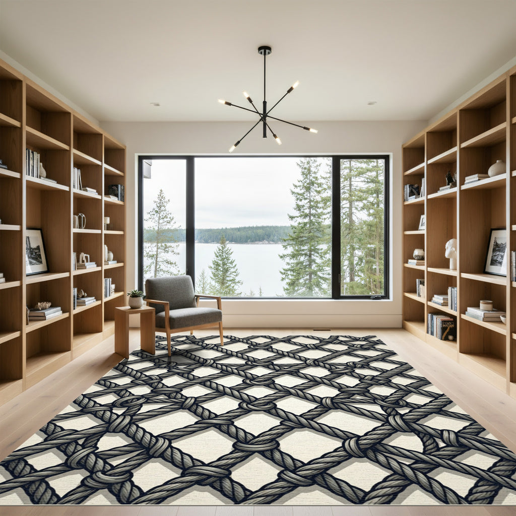 Monochrome Nautical Rope Grid Rug