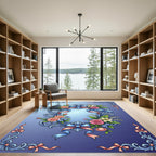 Ornate Blue Floral Ribbon Frame Rug