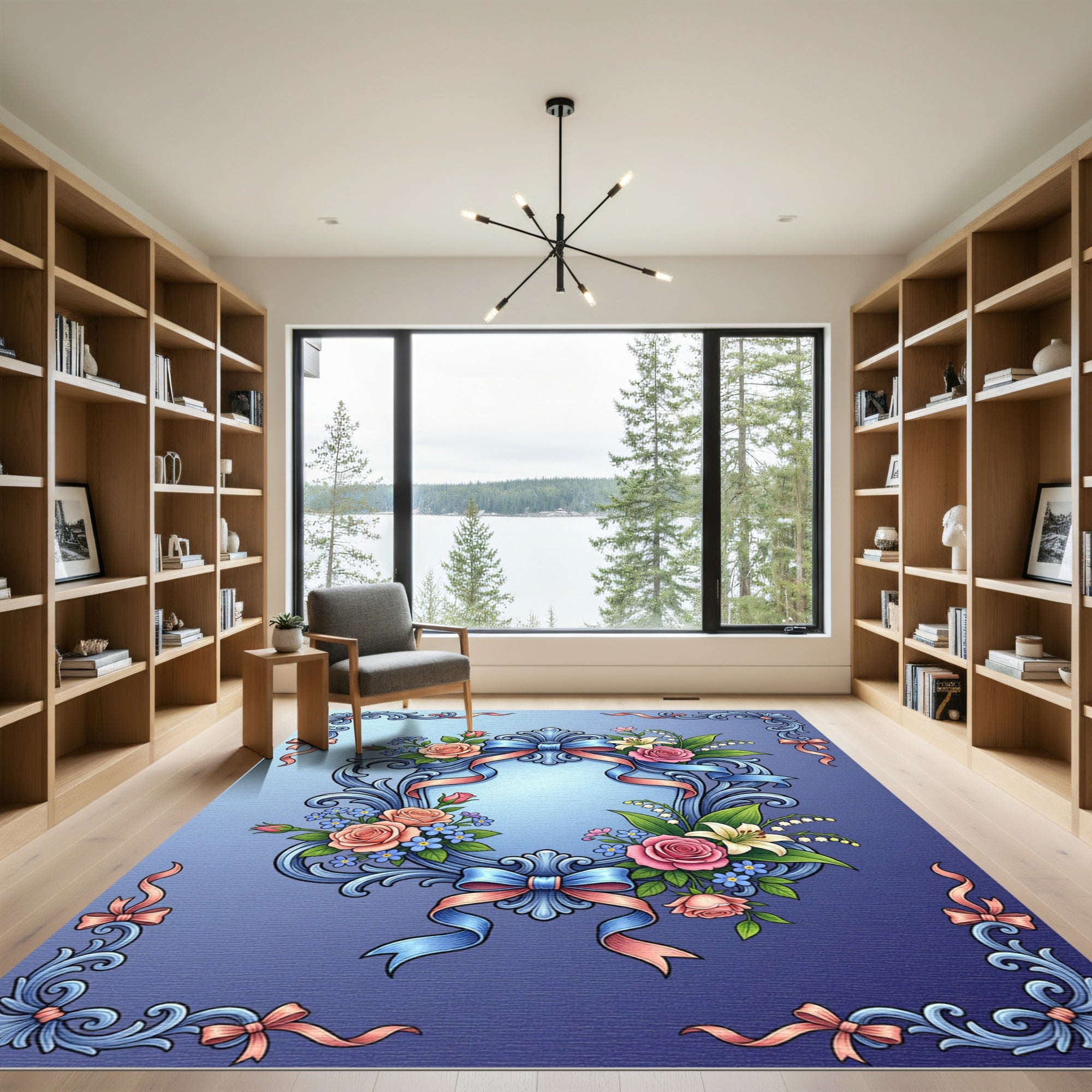 Ornate Blue Floral Ribbon Frame Rug