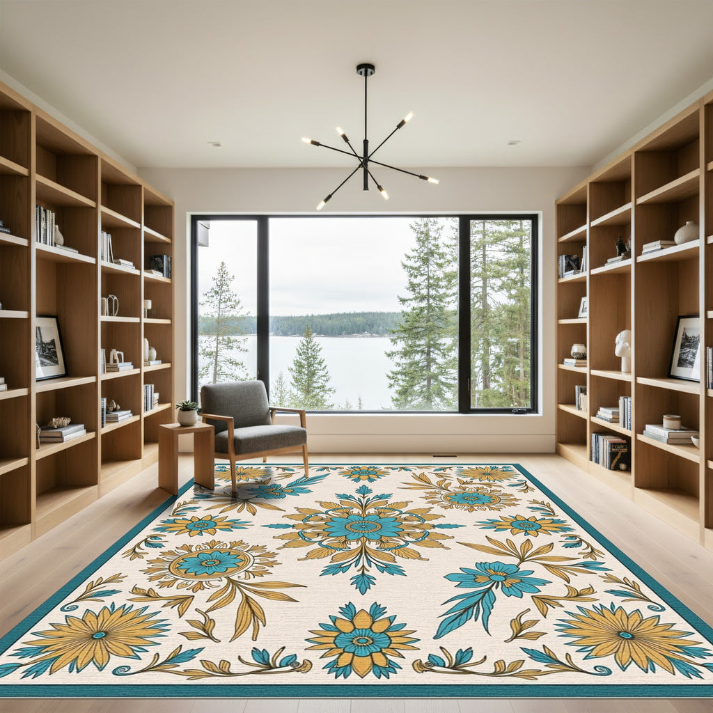 Teal Gold Floral Laurel Arrangement Rug