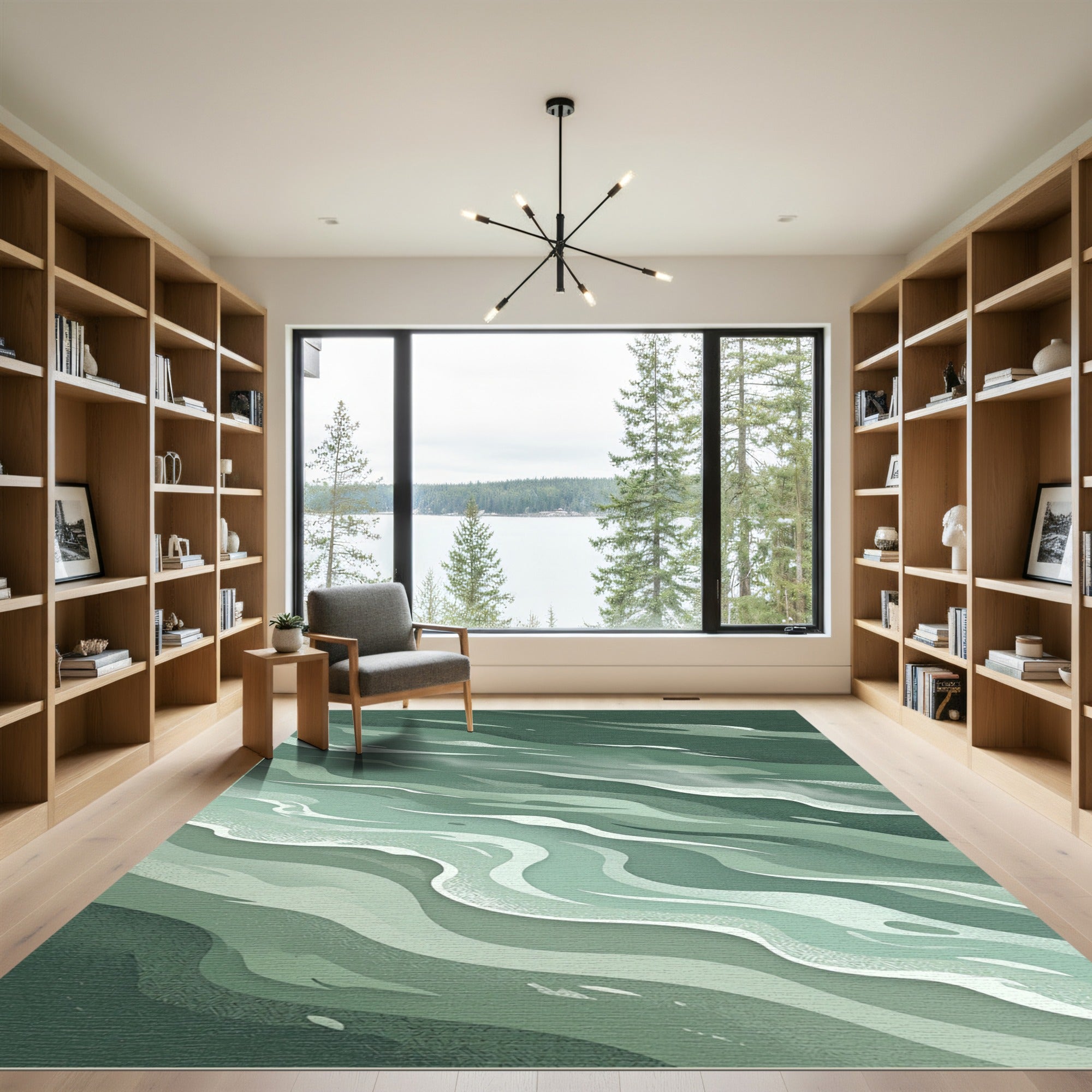 Serene Sage Green Flowing Abstract Wave Rug
