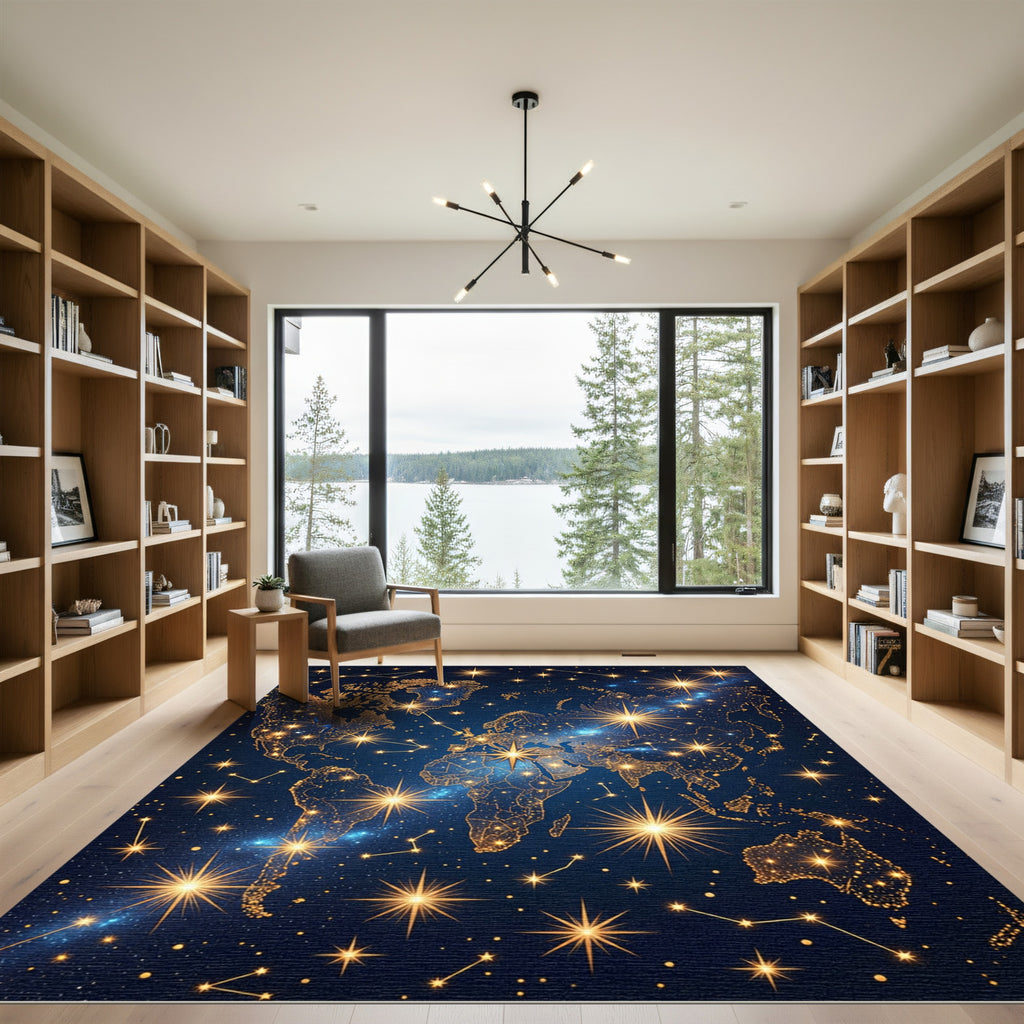 Celestial Gold Constellation World Map Rug