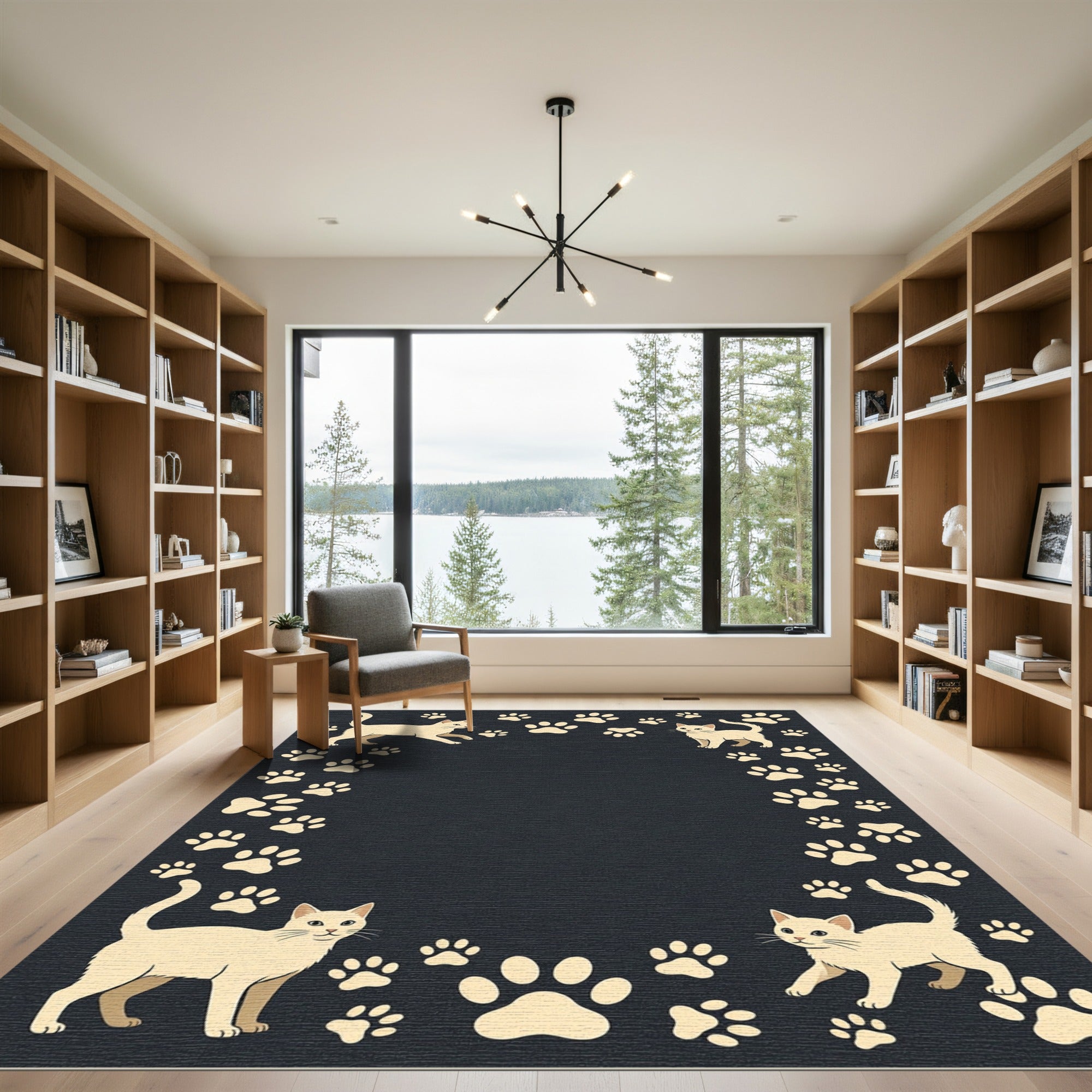 Cream Cat and Paw Illustration Rug