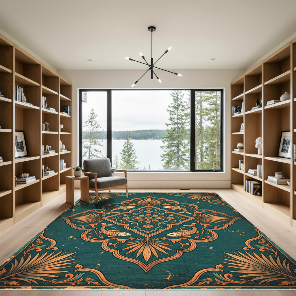 Teal Koi Fish Botanical Medallion Rug
