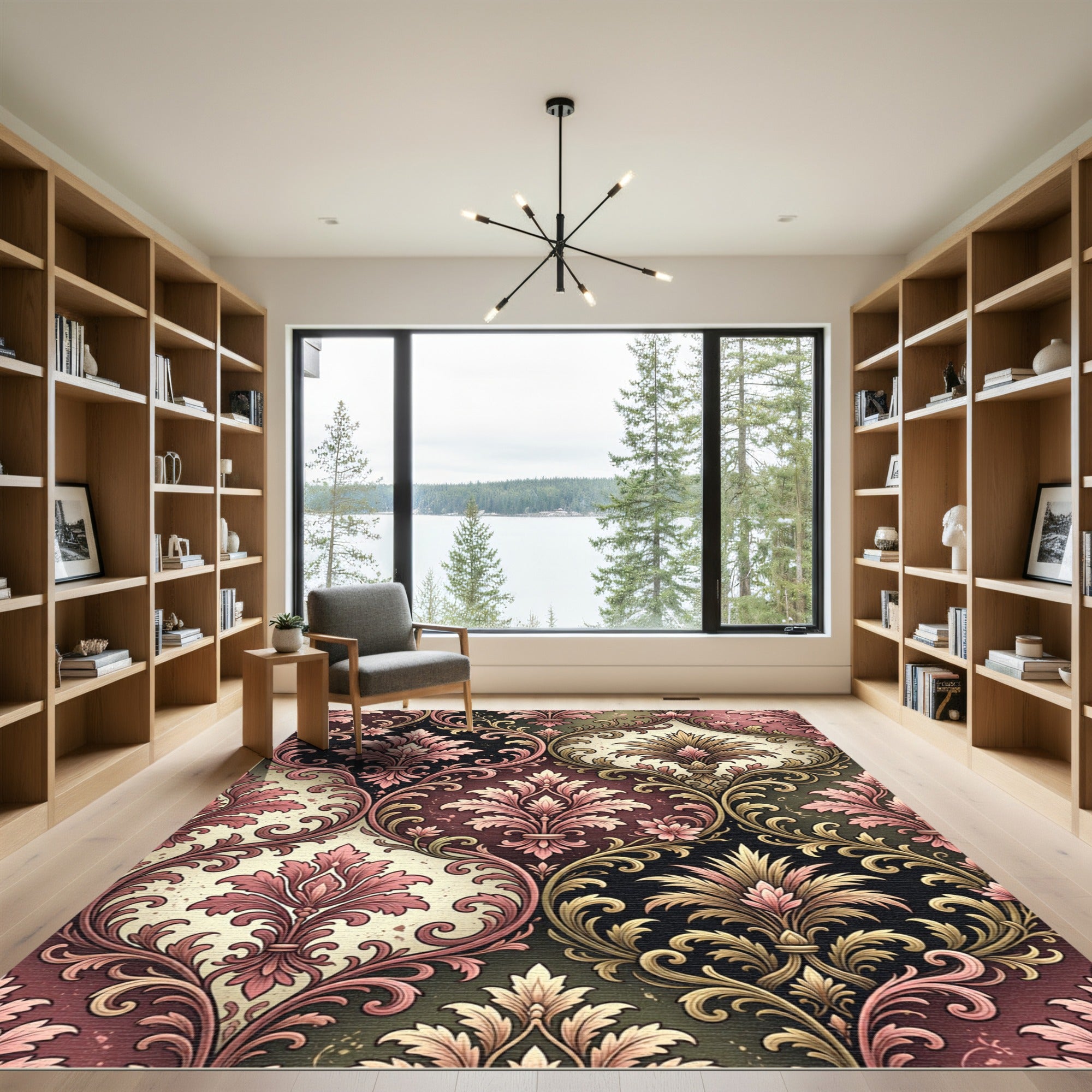 Elegant Pink Floral Damask Scroll Rug