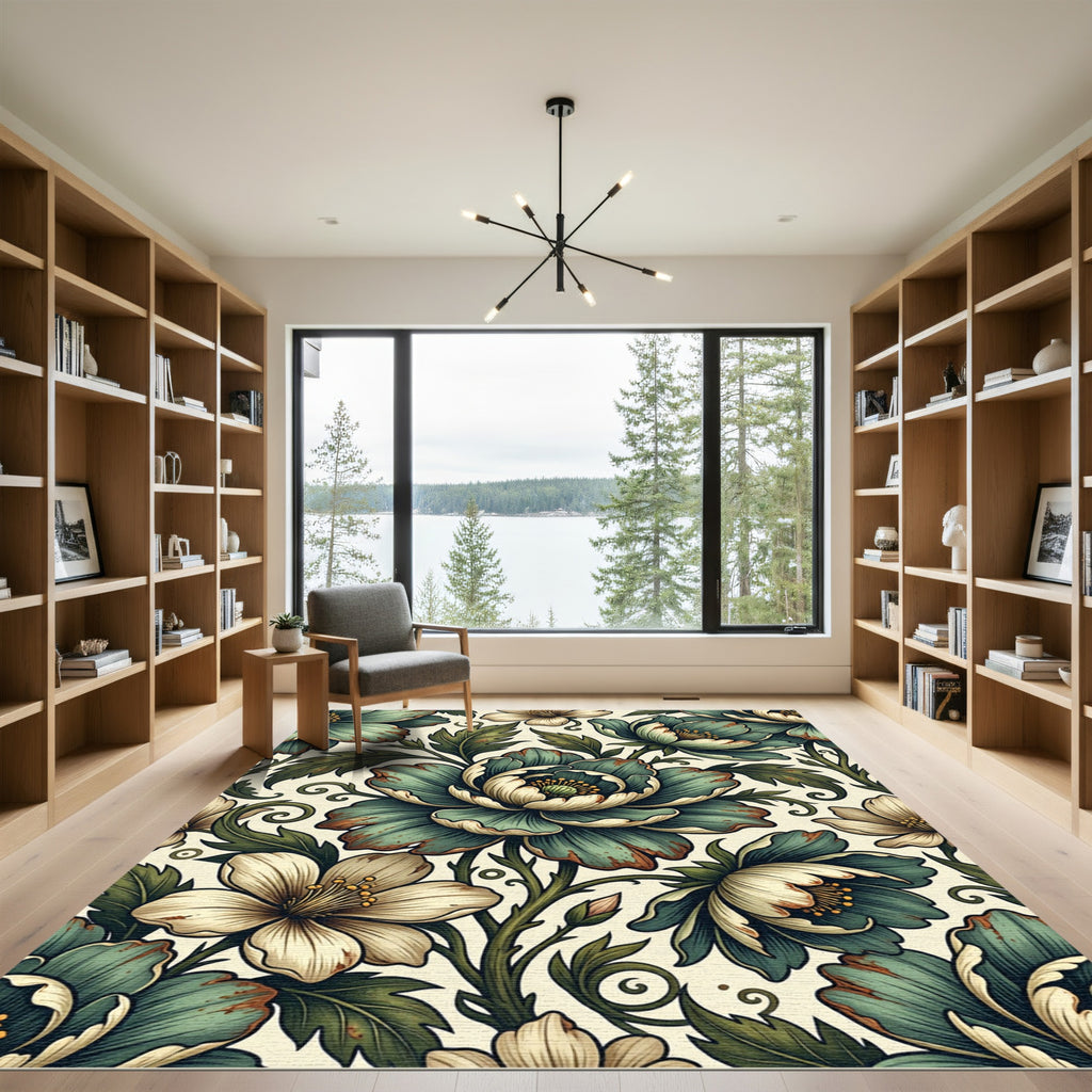Vintage Teal Peony Floral Botanical Art Rug