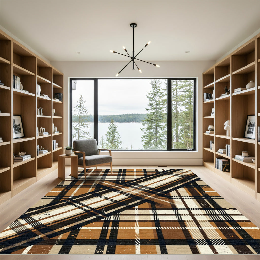 Rustic Tan and Black Plaid Diagonal Rug