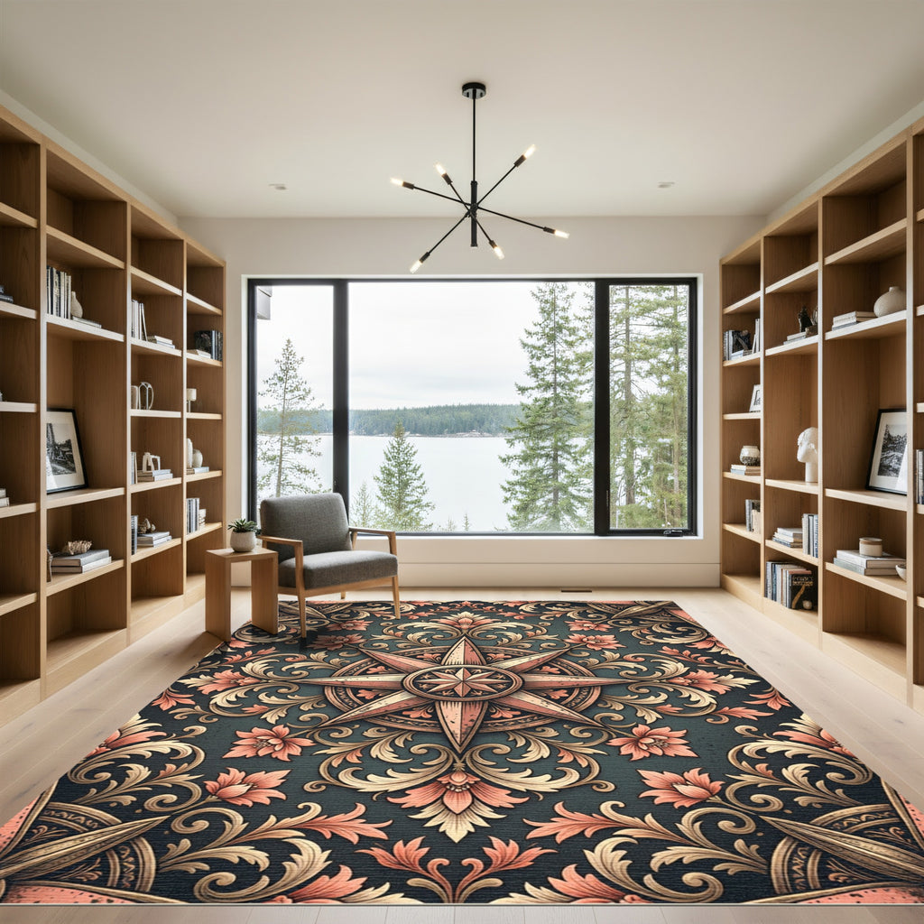 Ornate Compass Rose Floral Brocade Rug