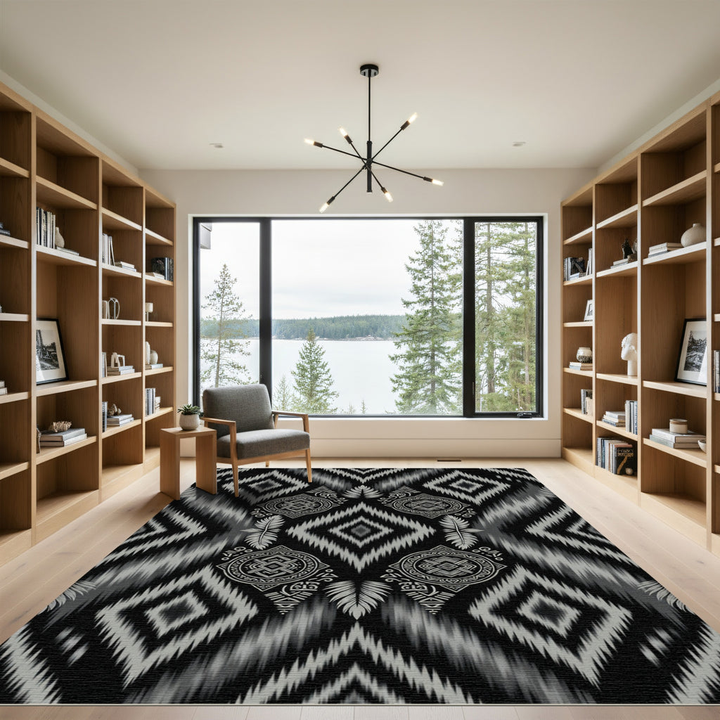 Black Gray Ethnic Medallion Ikat Rug