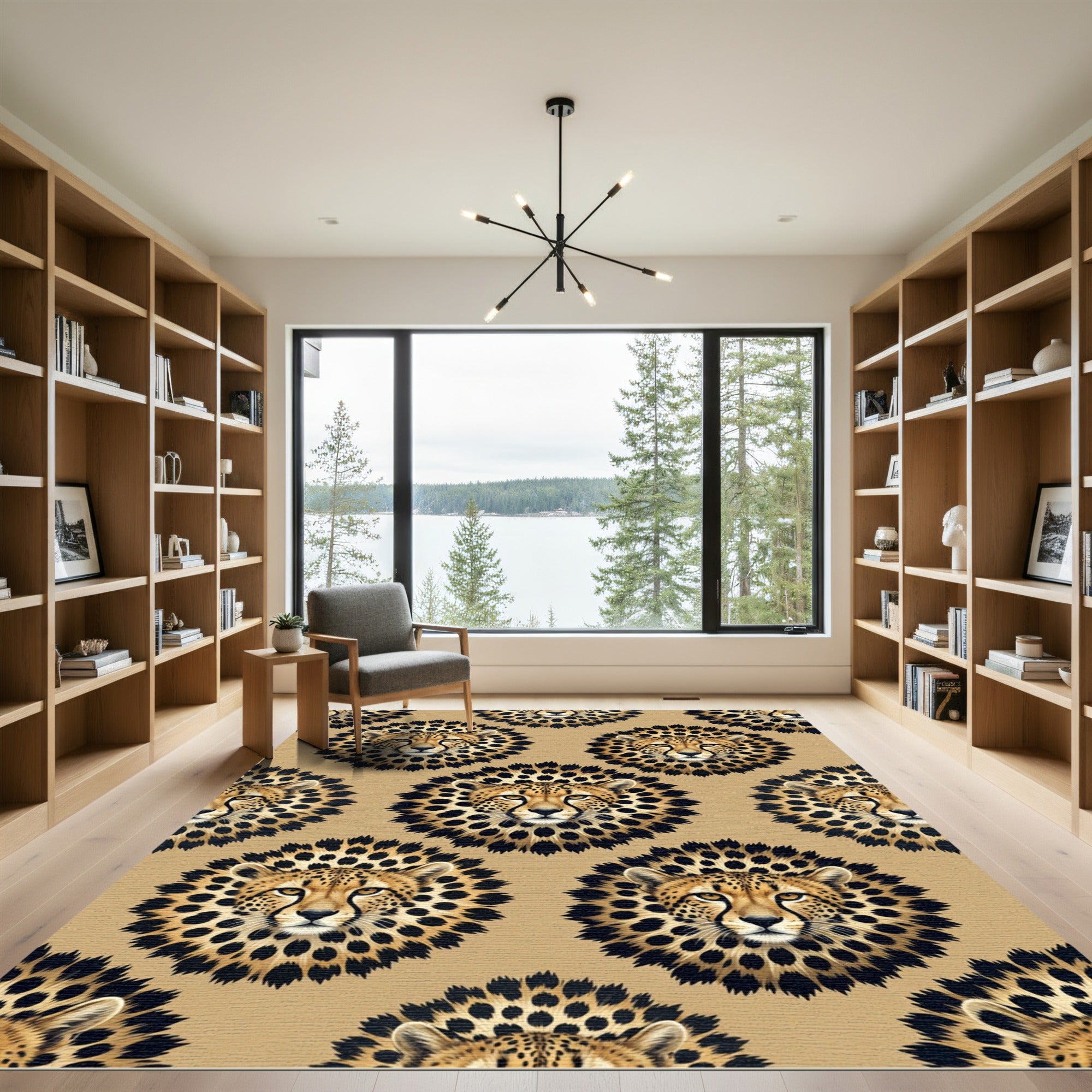 Golden Cheetah Face Floral Symmetry Rug