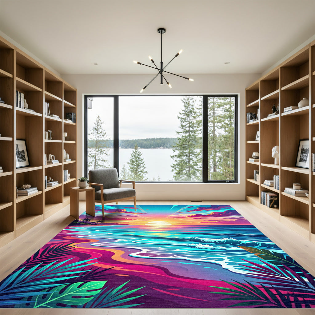 Vibrant Tropical Sunset Shore Ocean Wave Rug