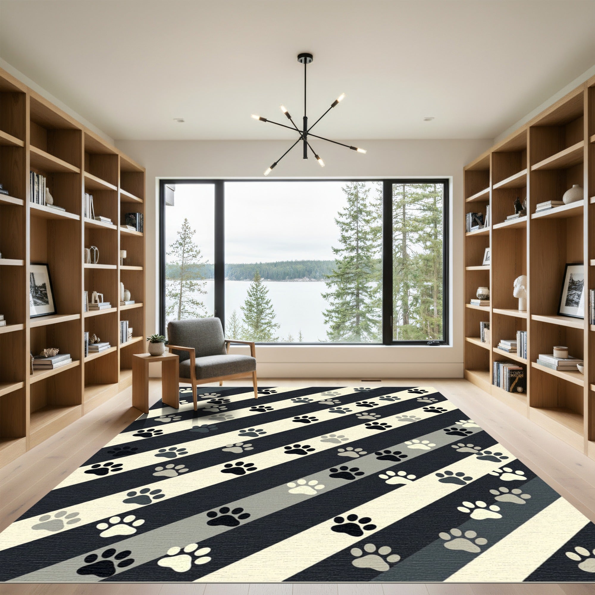 Monochrome Paw Striped Graphic Rug
