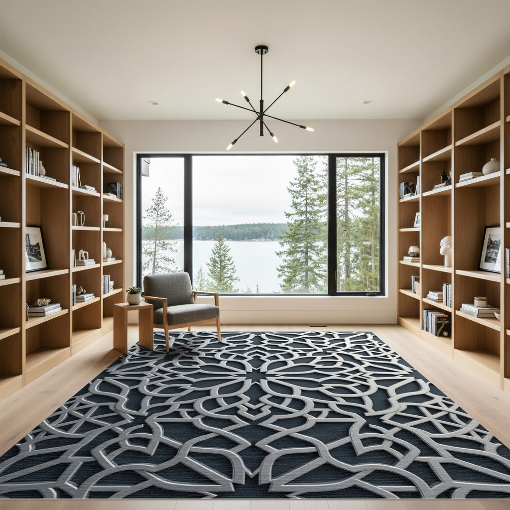 Silver Geometric Arabesque Monochromatic Filigree Rug