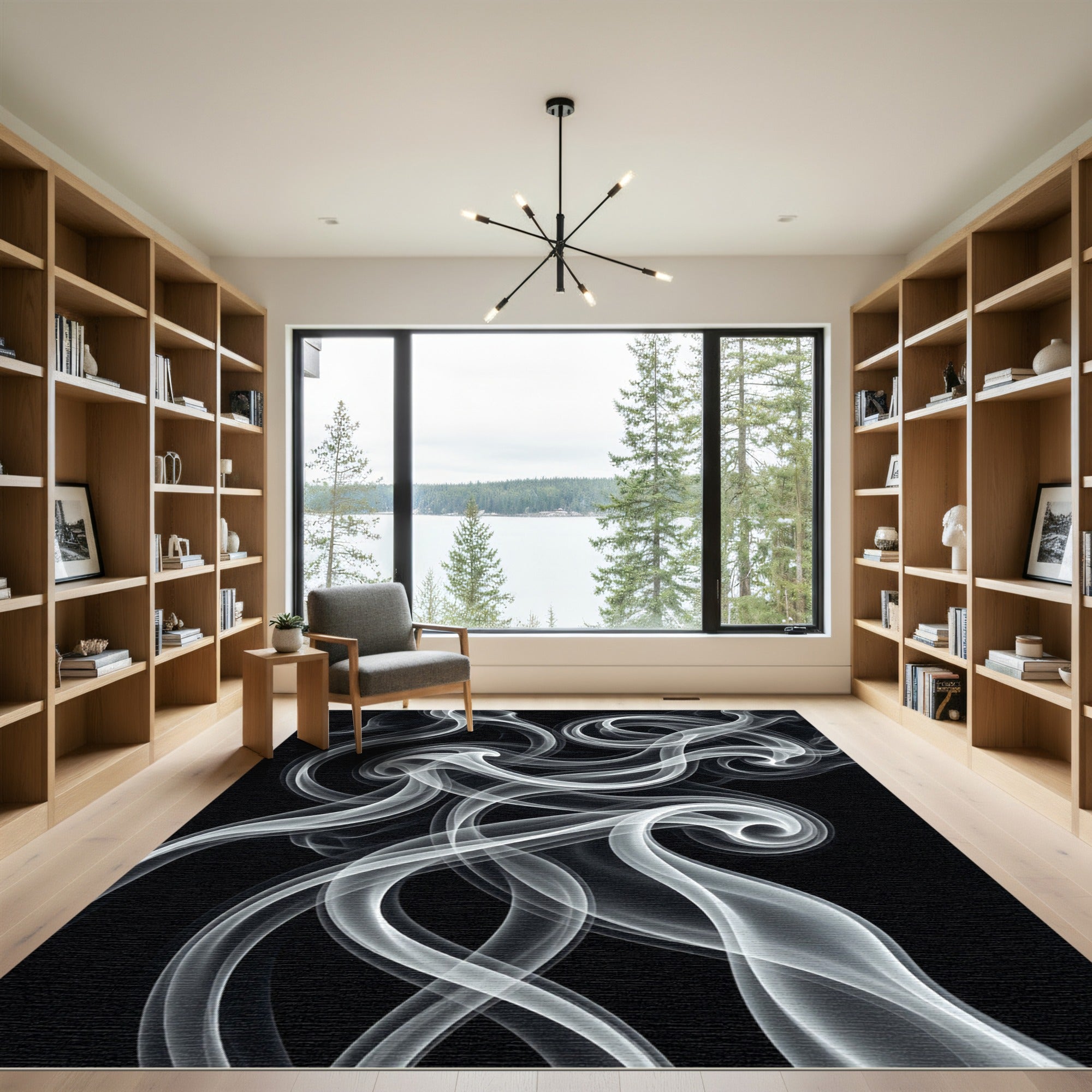 Minimalist Monochrome Abstract Smoke Swirl Rug