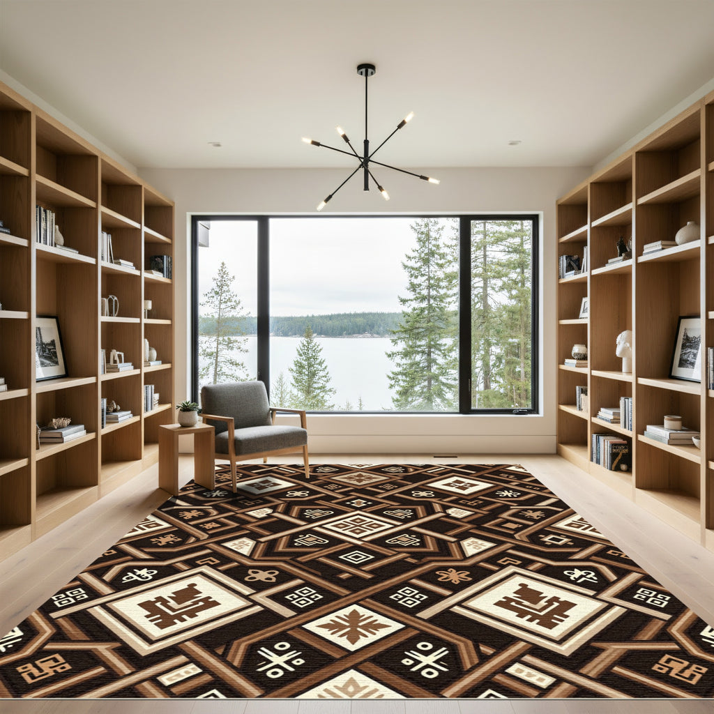 Rich Brown Geometric Interlocking Lattice Rug