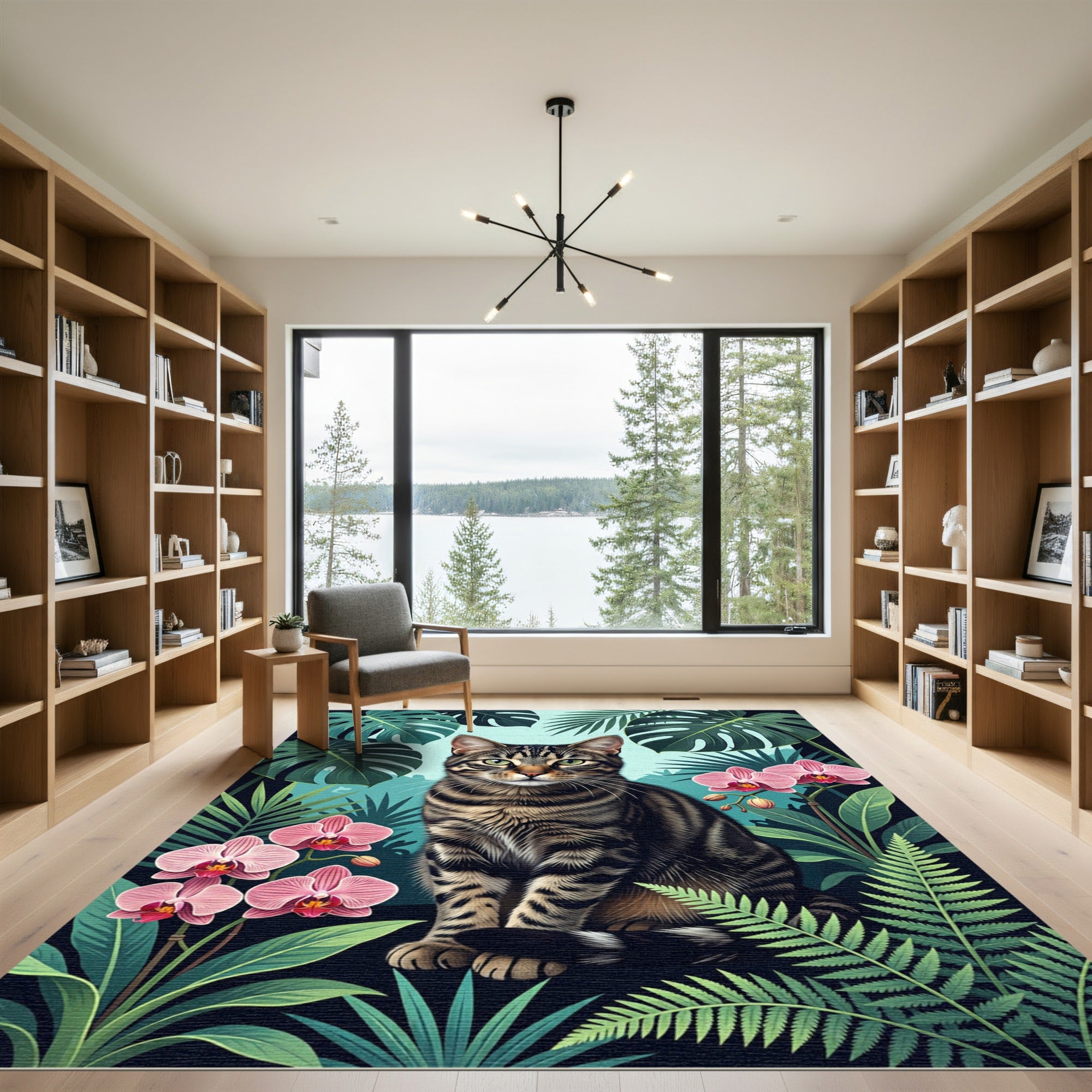 Feline Orchid Garden Lush Jungle Scene Rug