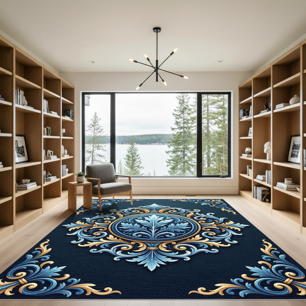 Ornate Blue Gold Scrollwork Mandala Rug