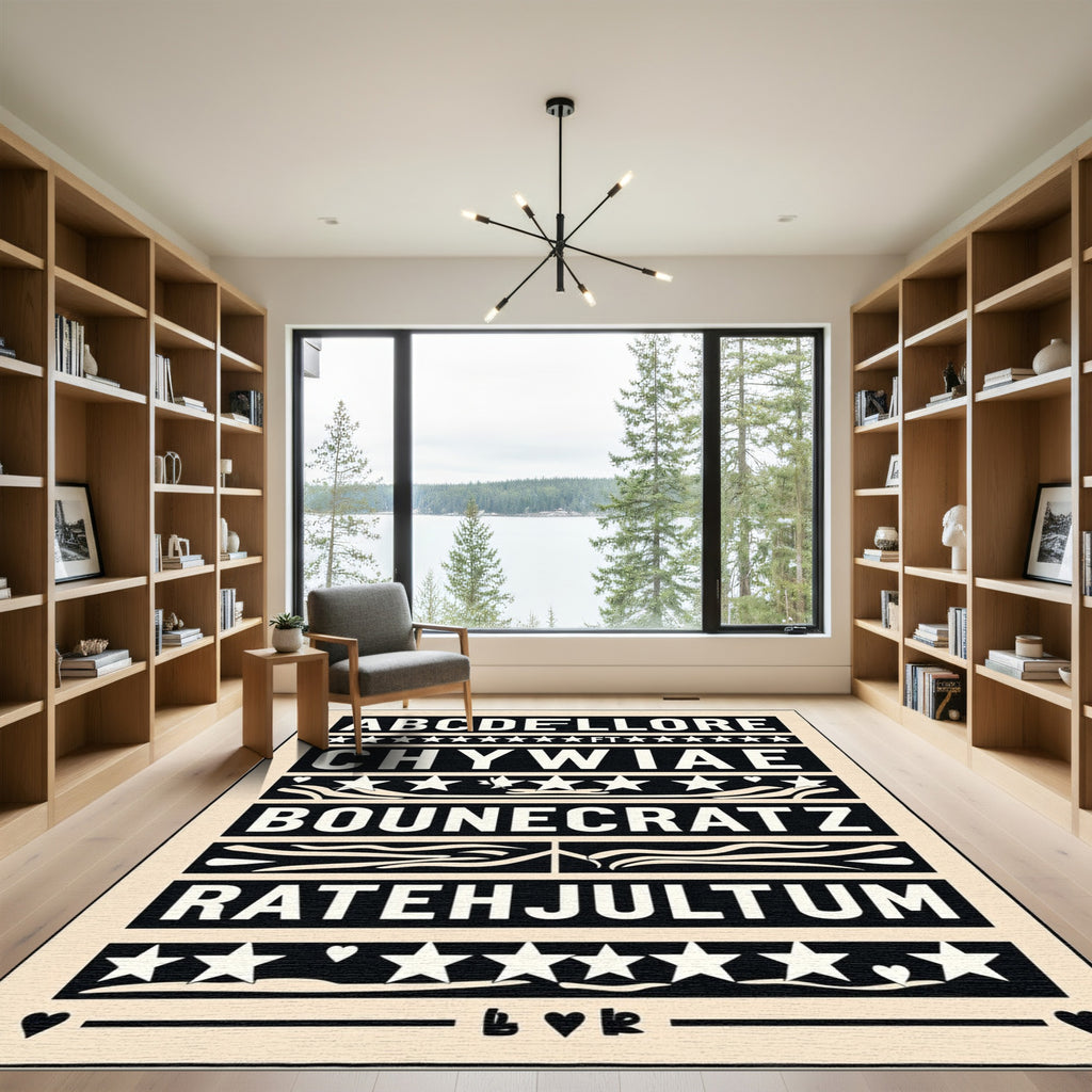 Black White Typography Star Border Rug