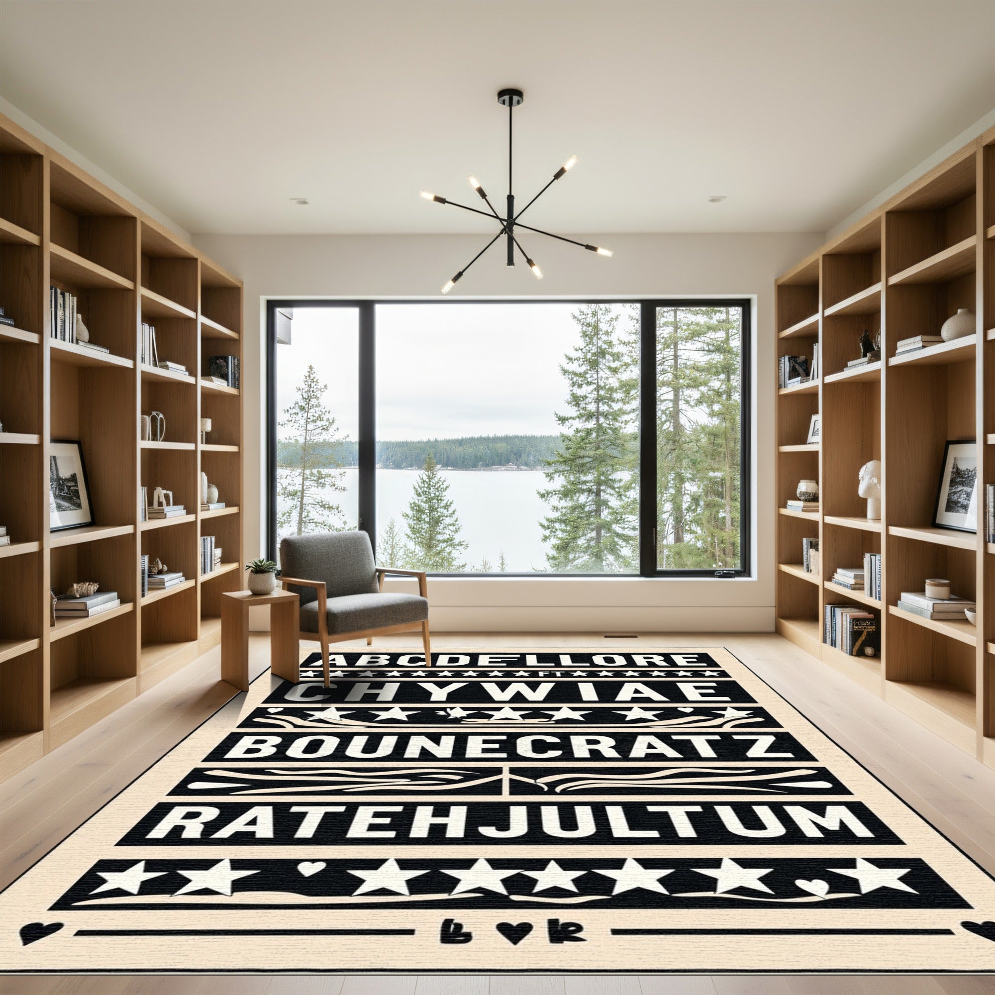 Black White Typography Star Border Rug