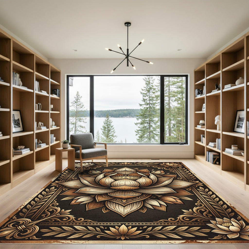 Elegant Golden Lotus Floral Medallion Rug