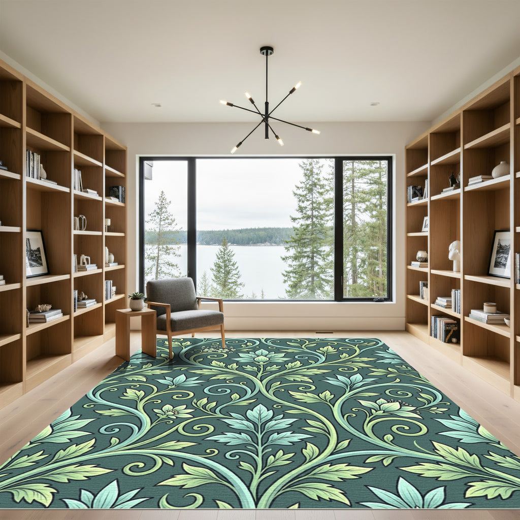 Teal Green Floral Vine Scrolls Rug