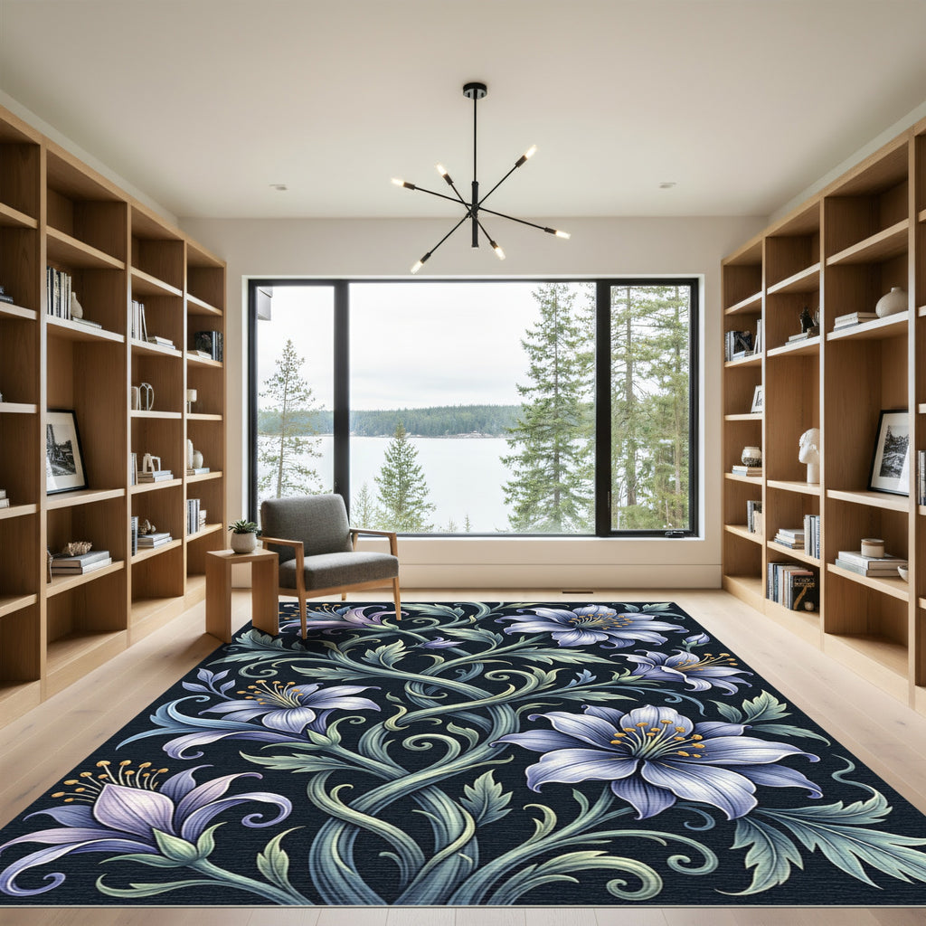Elegant Blue Lily Twining Botanical Art Rug