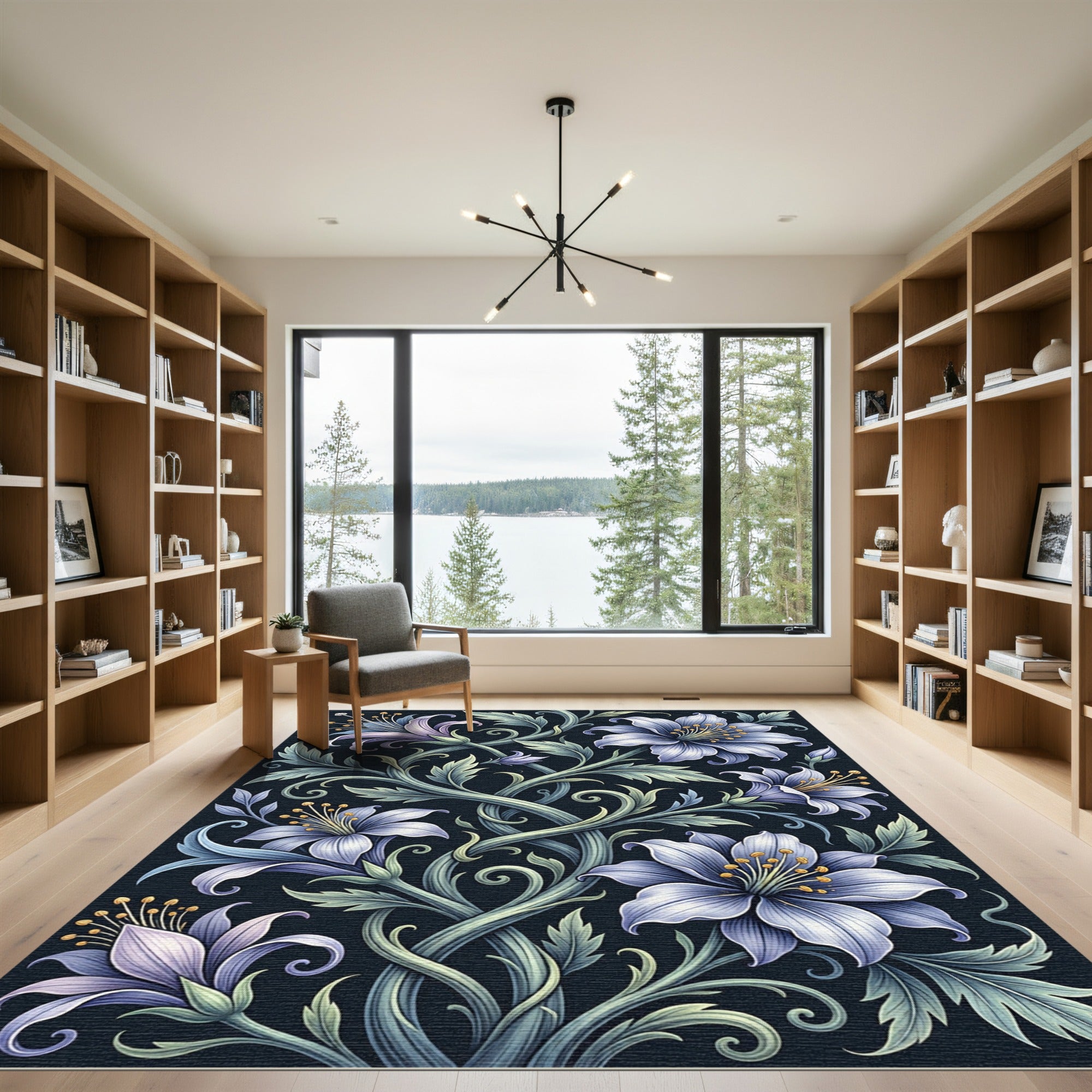 Elegant Blue Lily Twining Botanical Art Rug