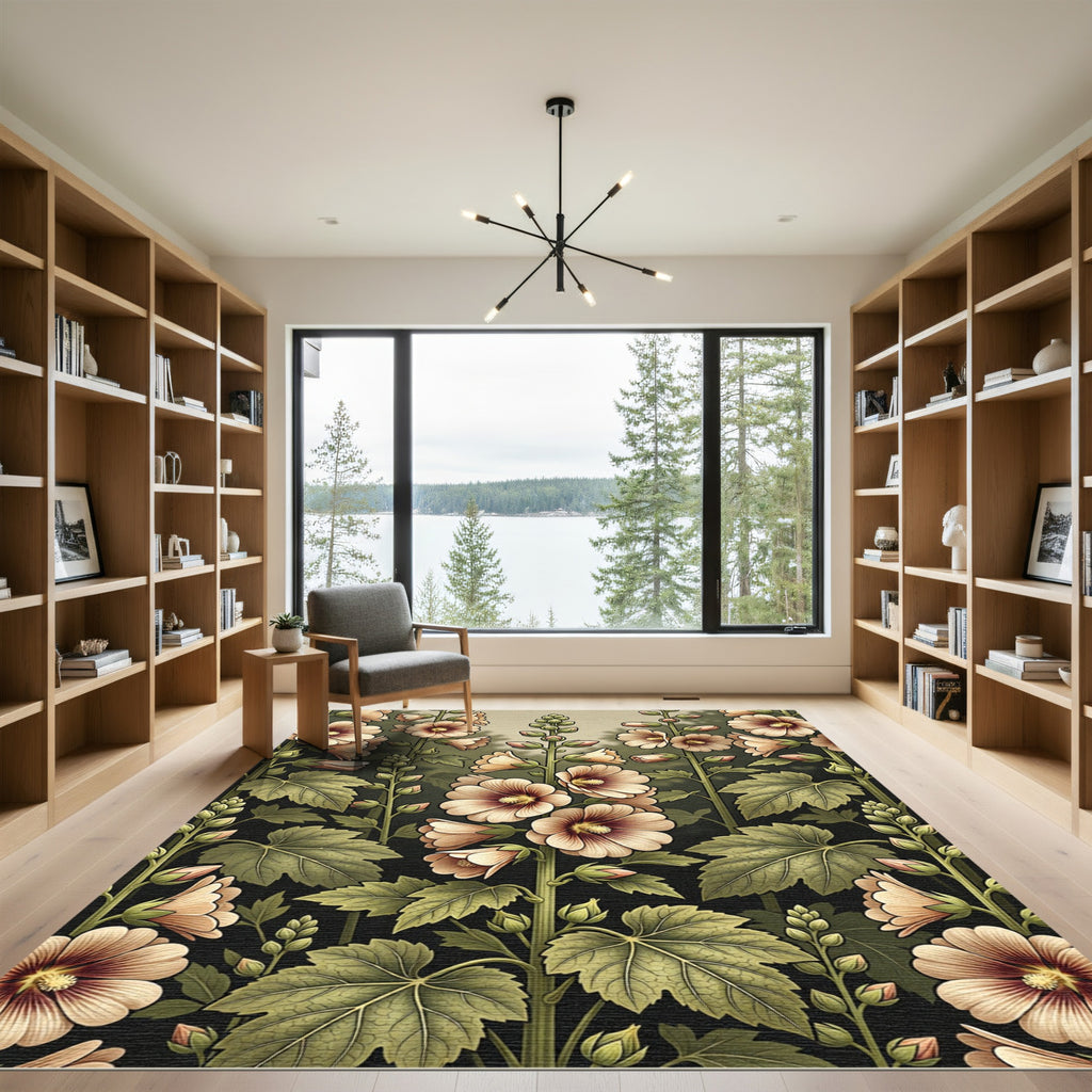 Botanical Cream Hollyhock Floral Arrangement Rug