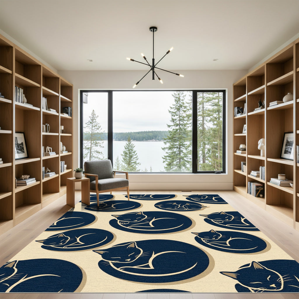 Minimalist Sleeping Midnight Blue Cat Rug
