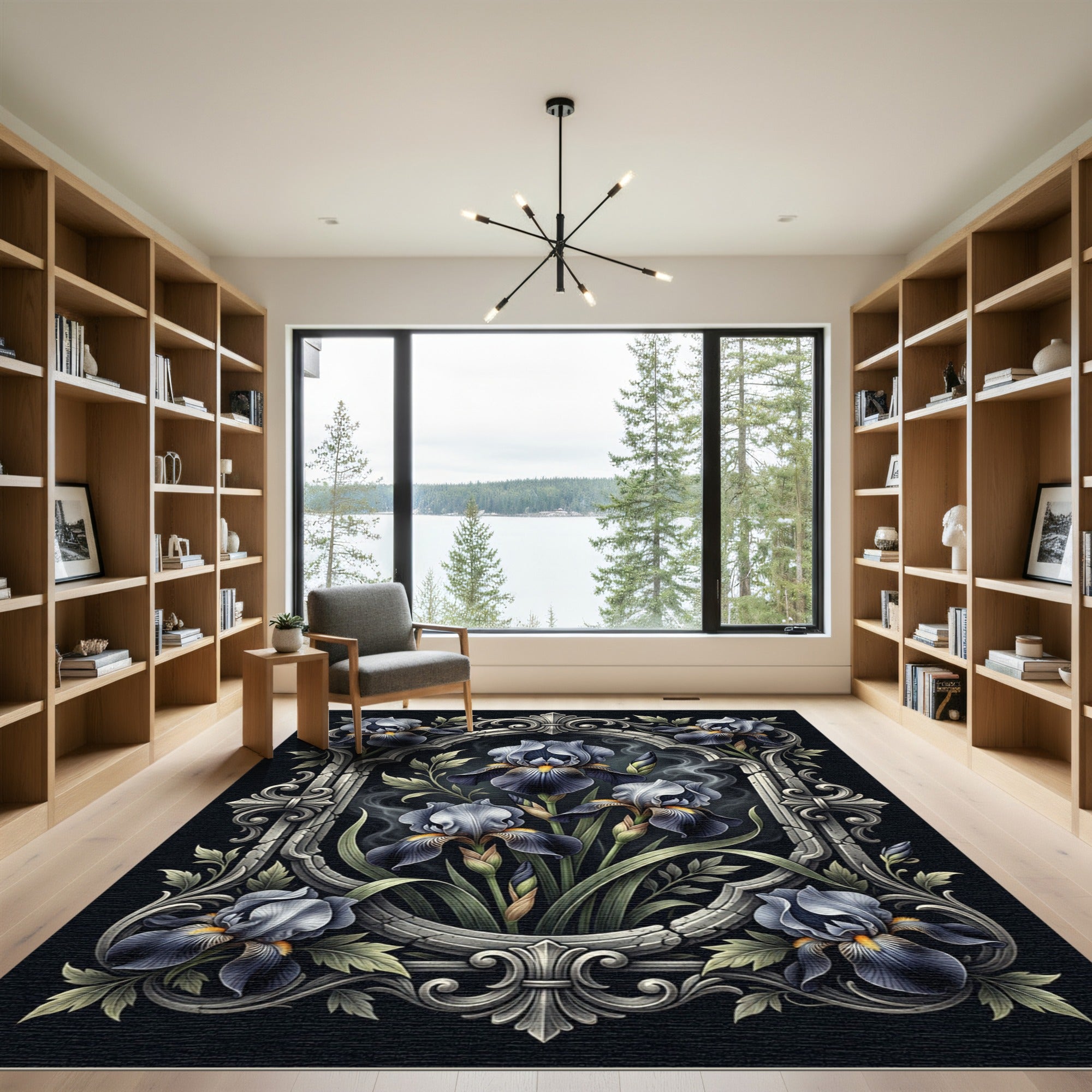 Elegant Dark Iris Gothic Floral Frame Rug