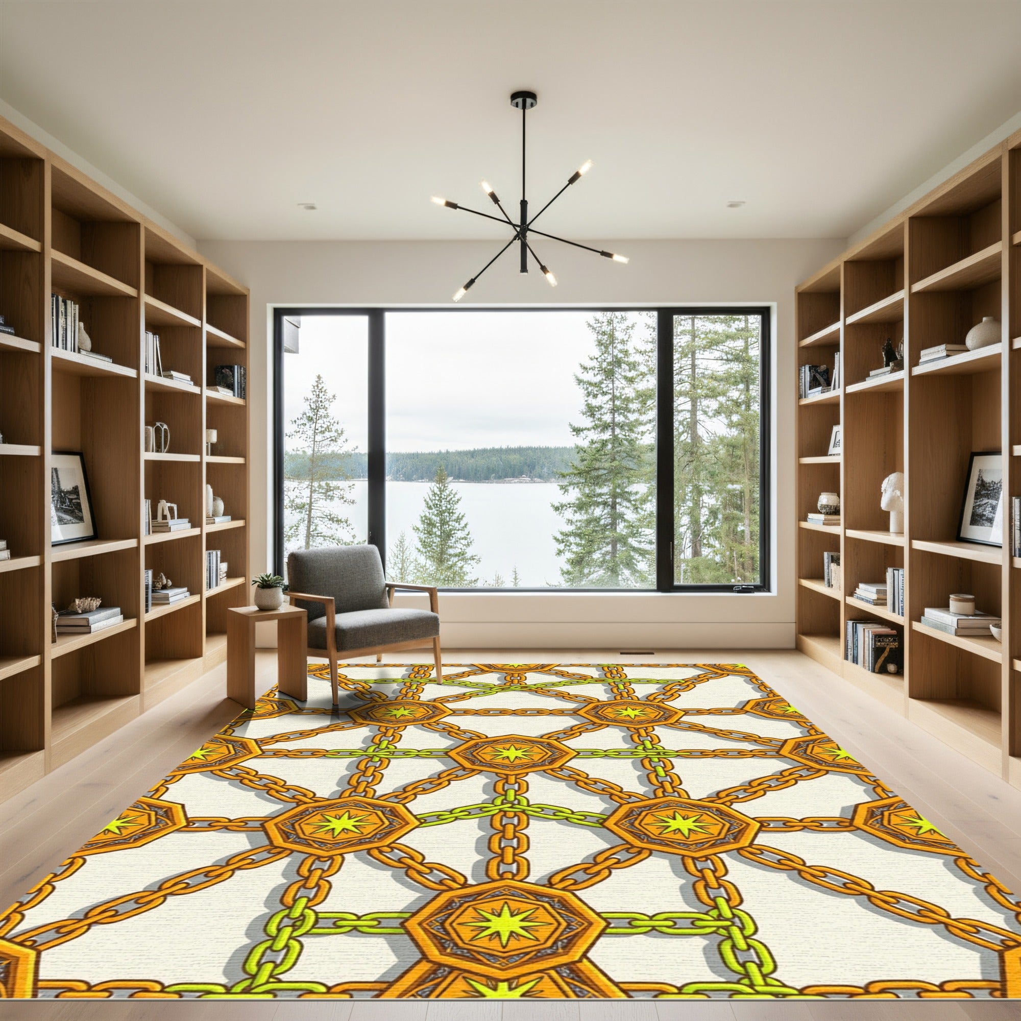 Golden Geometric Chain Linked Star Medallion Rug