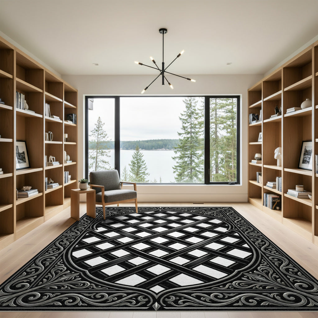 Ornate Black Intersecting Lattice Rug