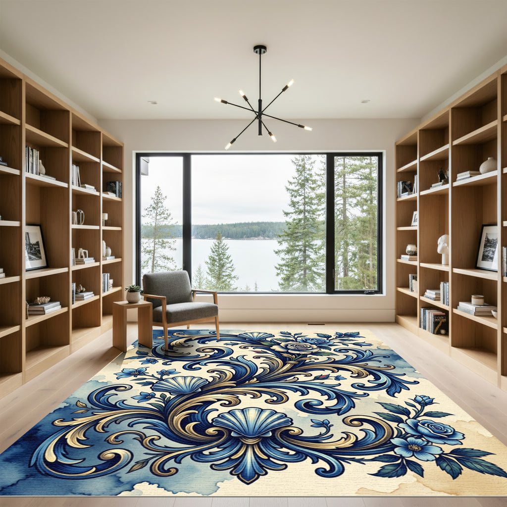 Intricate Blue Floral Shell Scrollwork Rug