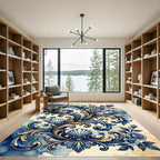 Intricate Blue Floral Shell Scrollwork Rug