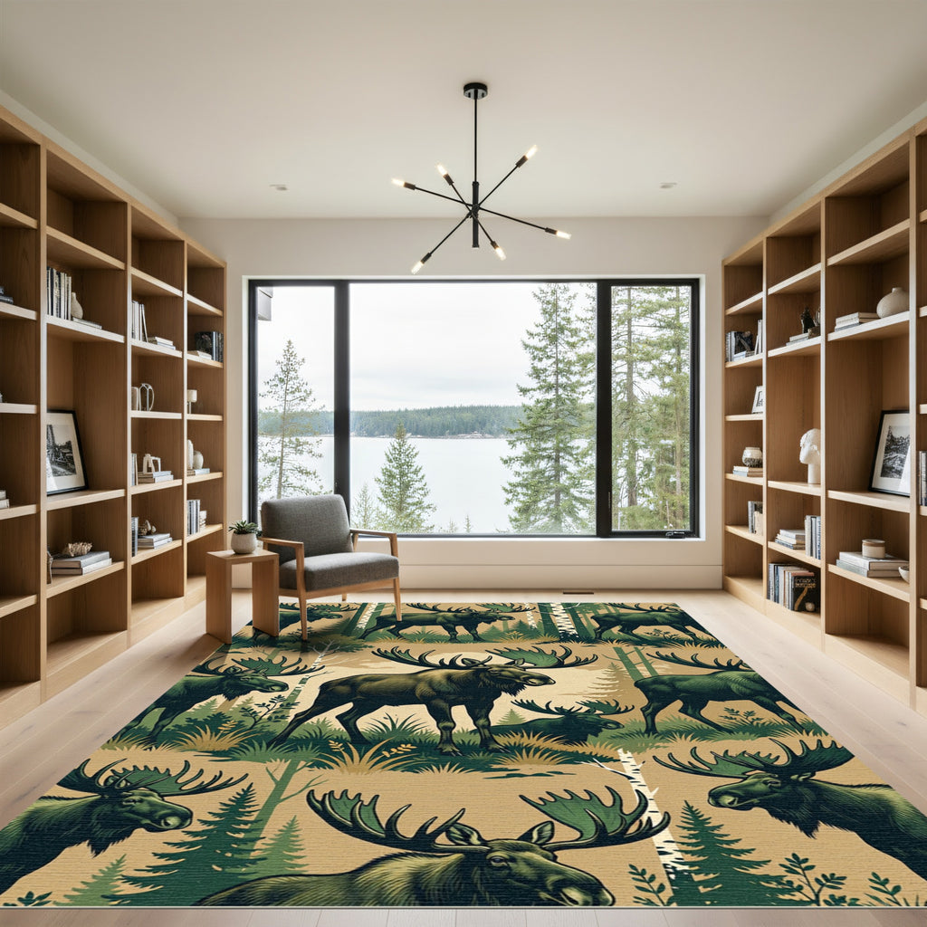 Earthy Beige Forest Moose Wildlife Rug