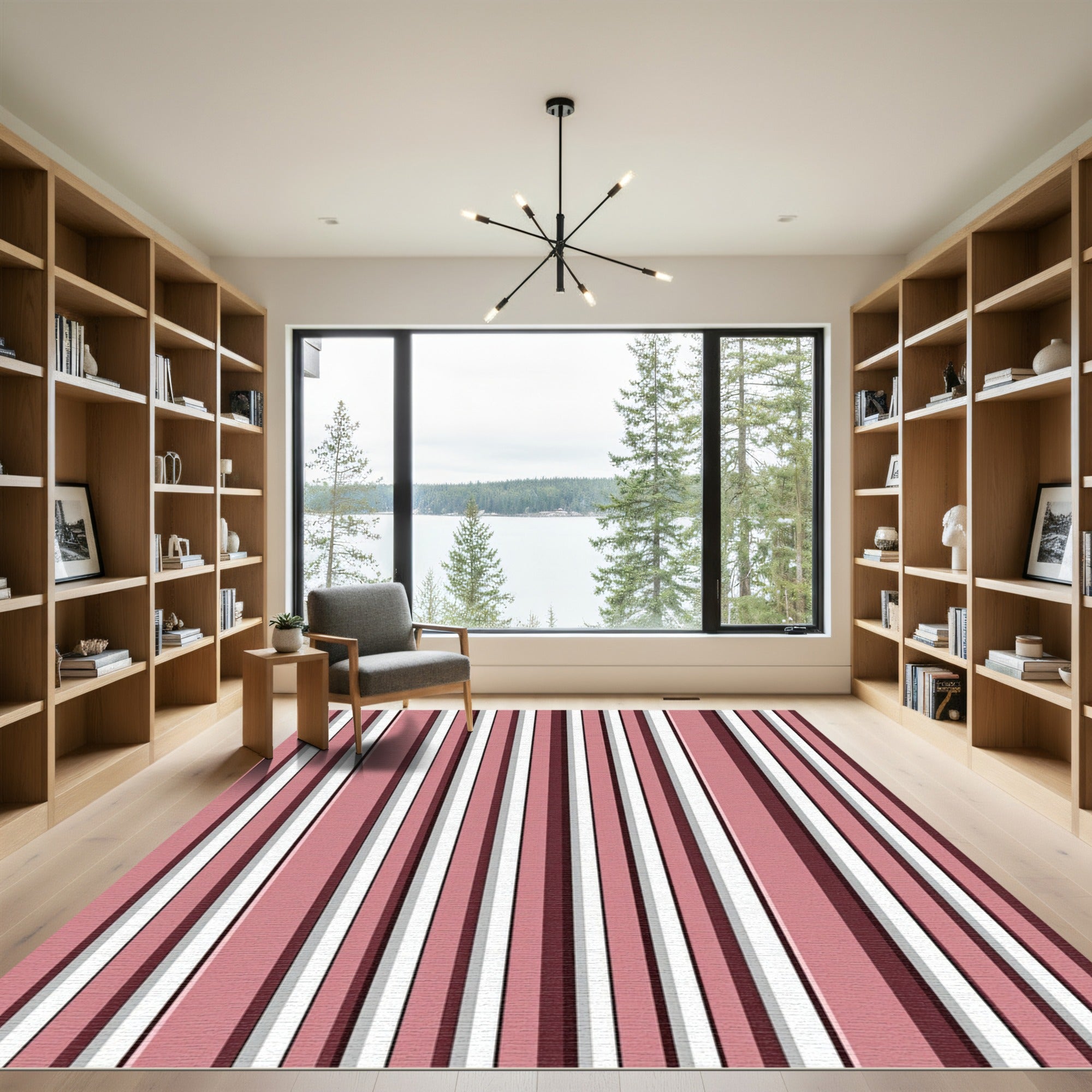 Deep Rose White Gray Stripe Rug