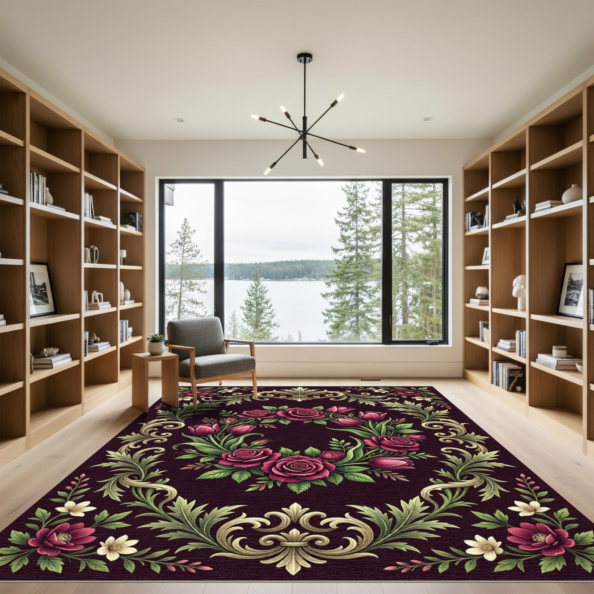 Deep Burgundy Rose and Tulip Floral Rug