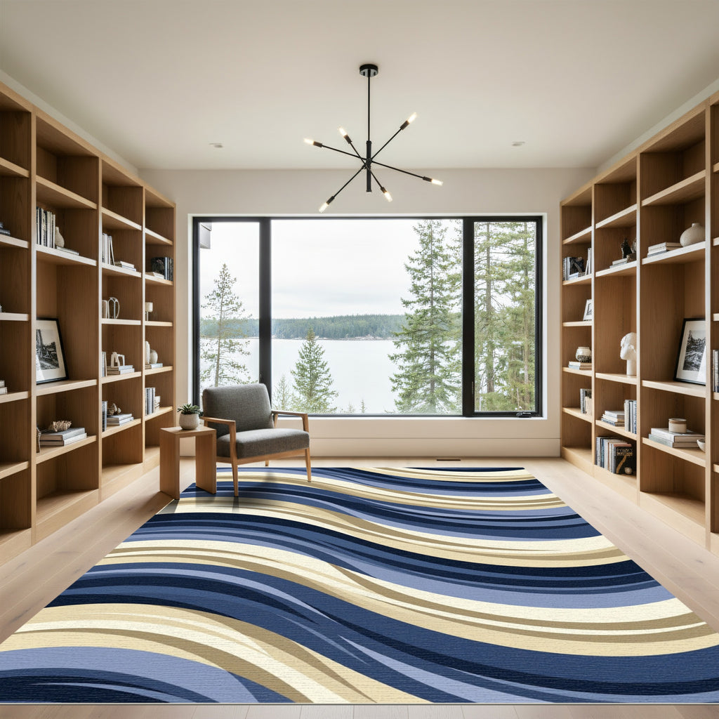 Modern Navy Gold Wavy Striped Art Rug