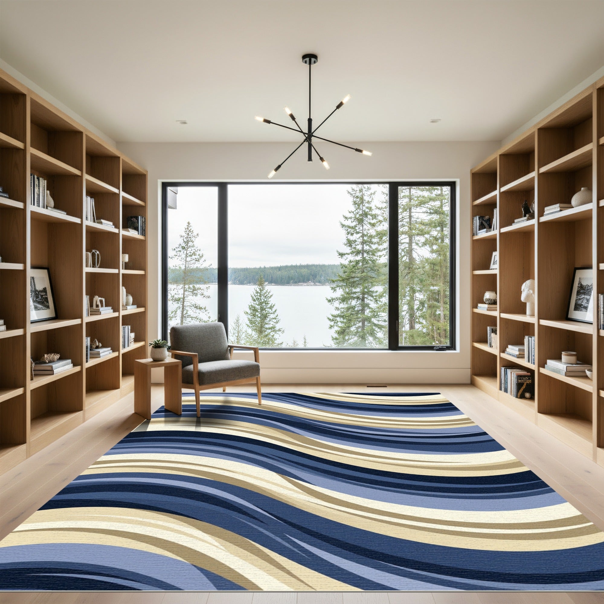 Modern Navy Gold Wavy Striped Art Rug