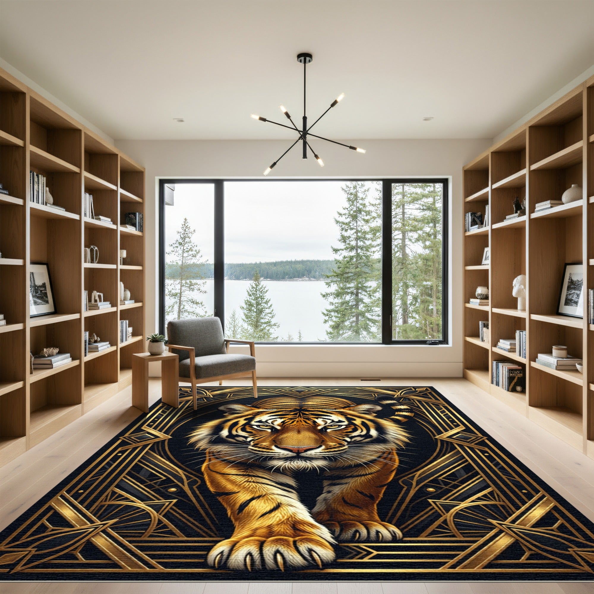 Majestic Tiger Gold Art Deco Frame Rug