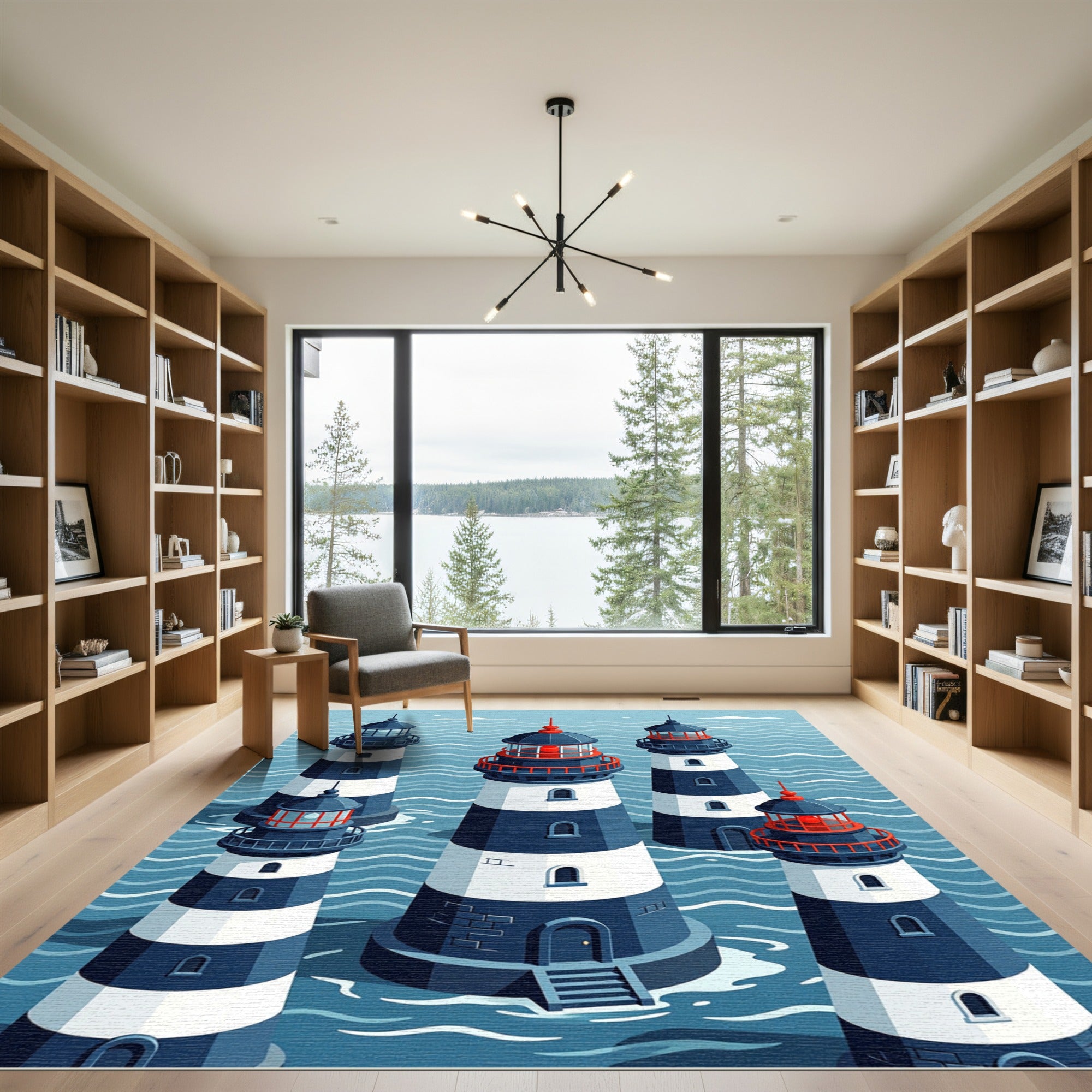 Navy White Red Lighthouse Nautical Scene Rug