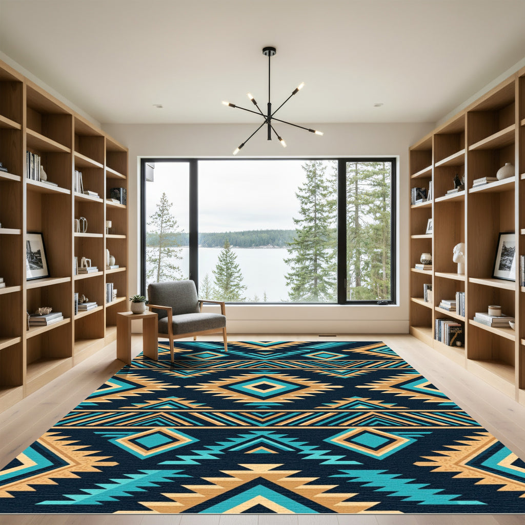Southwestern Teal and Tan Geometric Diamond Rug