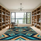 Southwestern Teal and Tan Geometric Diamond Rug