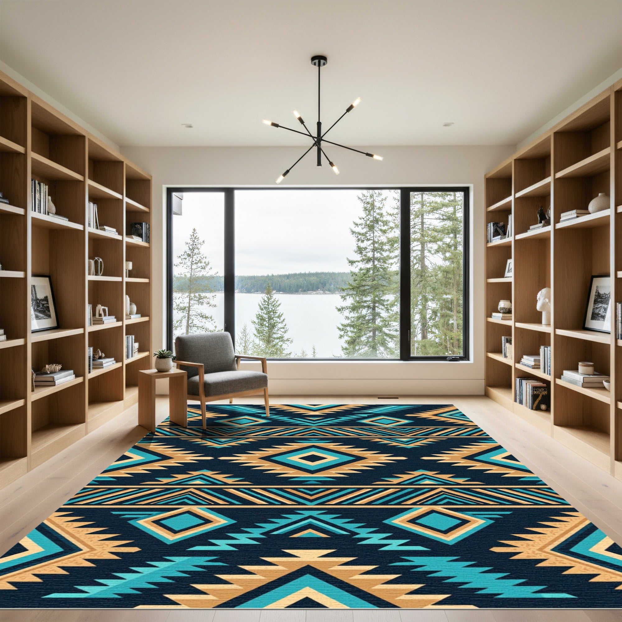 Southwestern Teal and Tan Geometric Diamond Rug