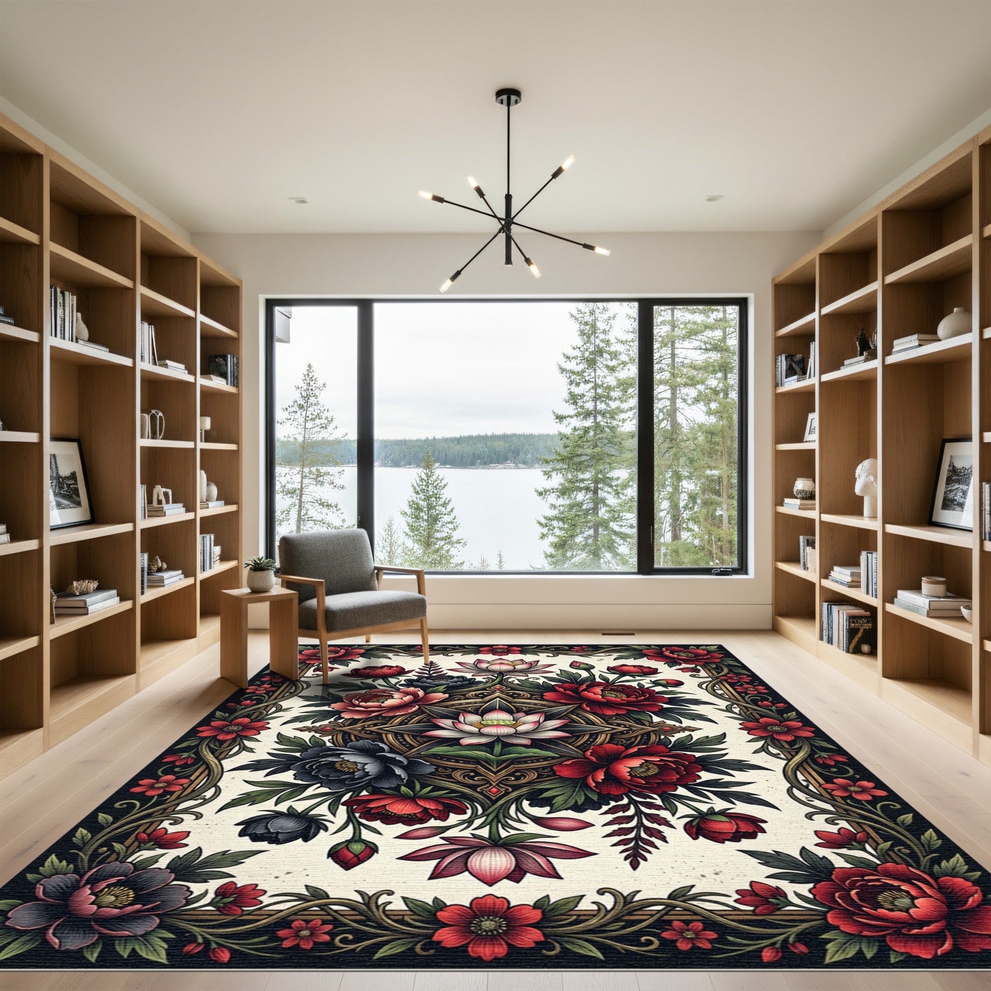 Elegant Crimson Lotus Floral Medallion Rug