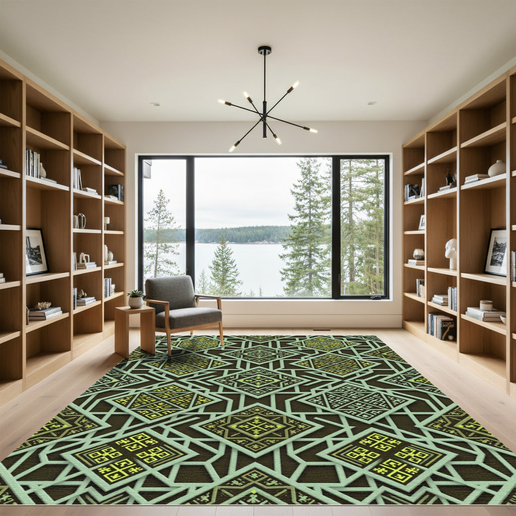 Sage Green Geometric Lattice Diamond Rug